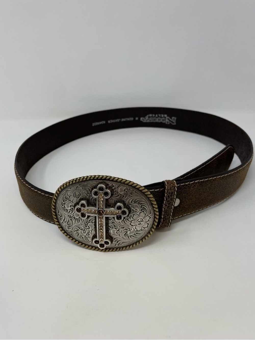 Nocona Brown Leather Belt with Ornate Cross Oval Buckle